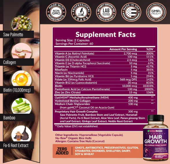 HAIR GROWTH VITAMINA PARA CABELLO CON BIOTINA X120 CAPSULAS